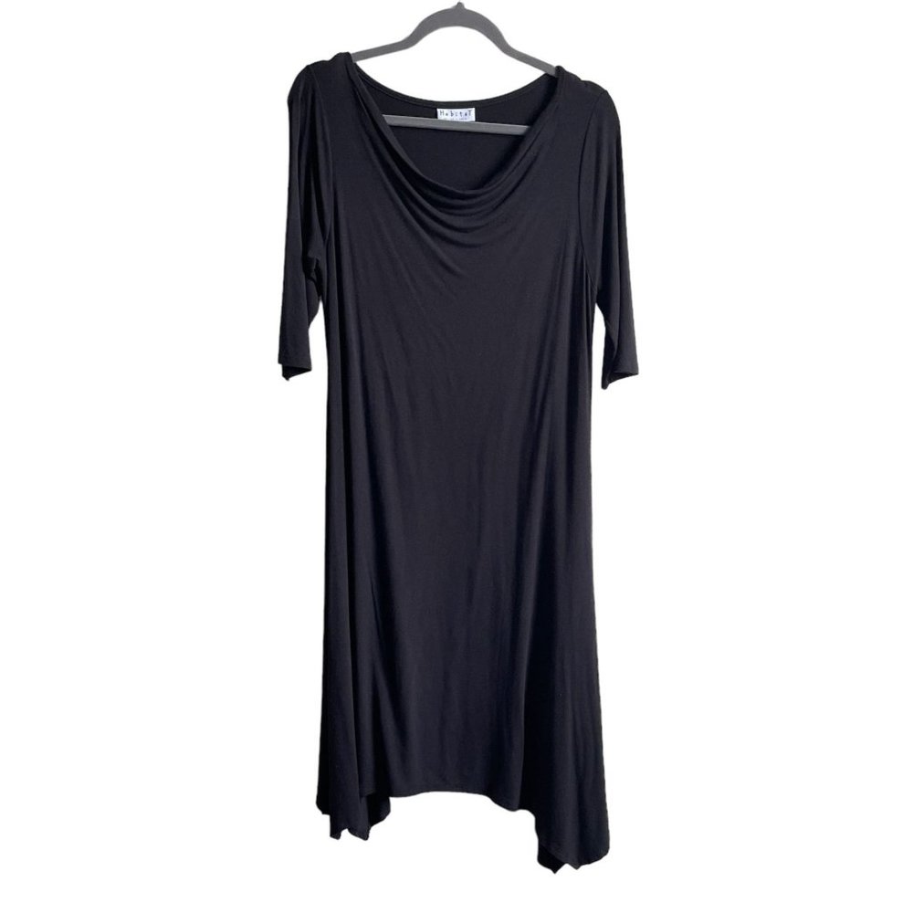 Habitat Dress Draped Neck Shark Bite Hem 1/2 Sleeve Midi Length Black Women Sz S